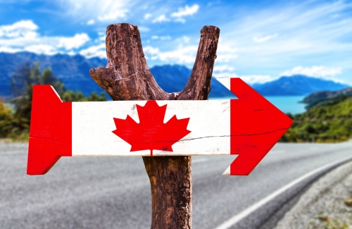 Canada wooden sign with a road background