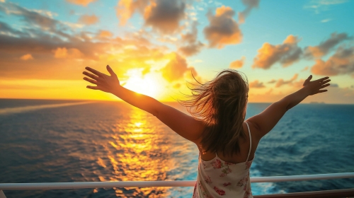 Junge Frau genießt die Freiheit auf einem Kreuzfahrtschiff bei Sonnenuntergang,