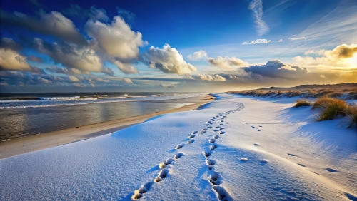 schneebedeckter Nordseestrand mit Fußspuren