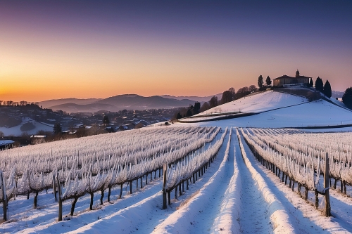 Die einzigartige Landschaft des Wintersonnenuntergangs in den Barolo-Weingärten Toskana