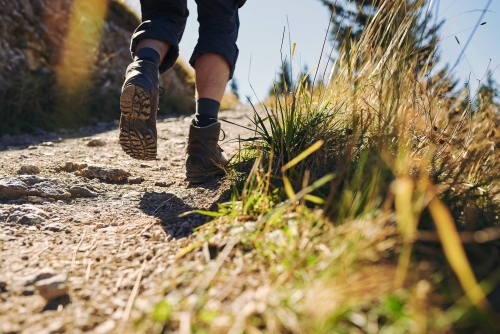 Wanderschuhe beim Wandern mit grünem Gras auf steinigem Weg